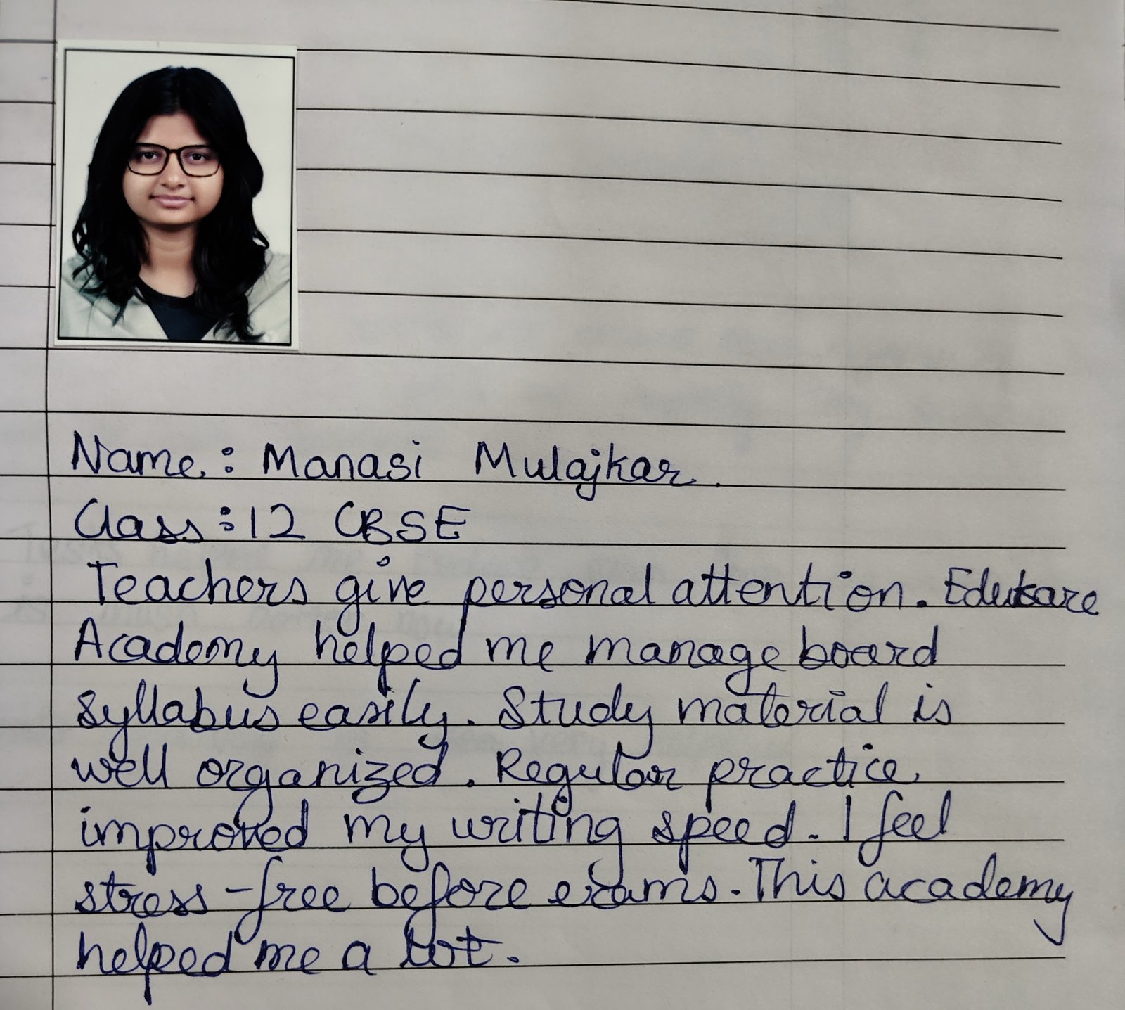 Handwritten review by Tejomayee M. Nikam